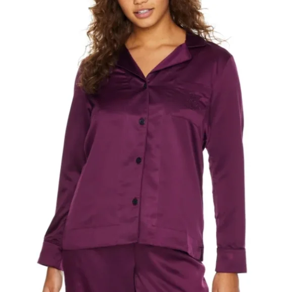 Lauren Ralph Lauren Satin Pajama Set Notch Collar Shirt & Wide Leg Pant Wine S - Picture 2 of 7